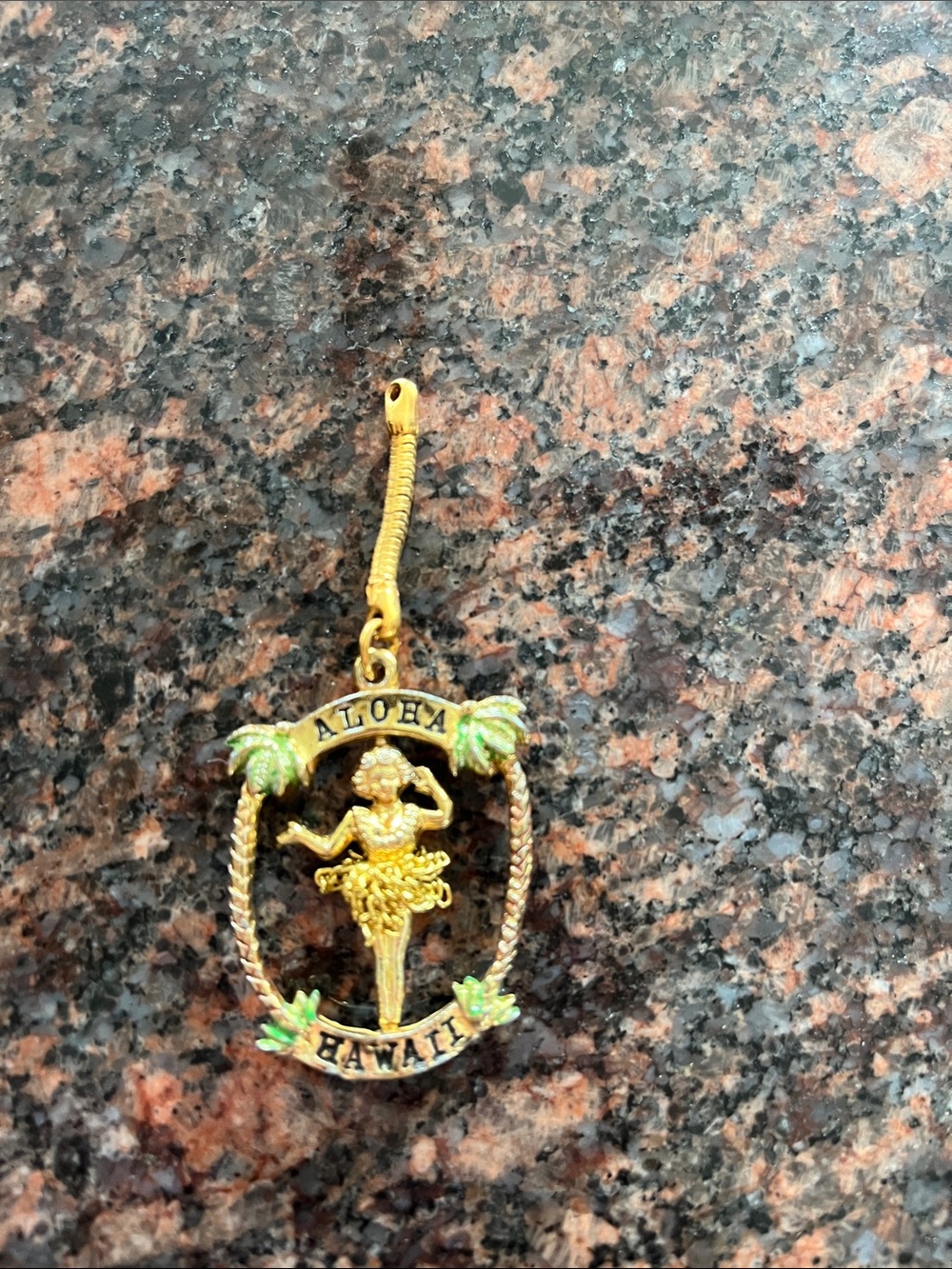 Vtg Spinning Hula Girl Pendant ALOHA HAWAII Palm Trees For Necklace Or Keychain